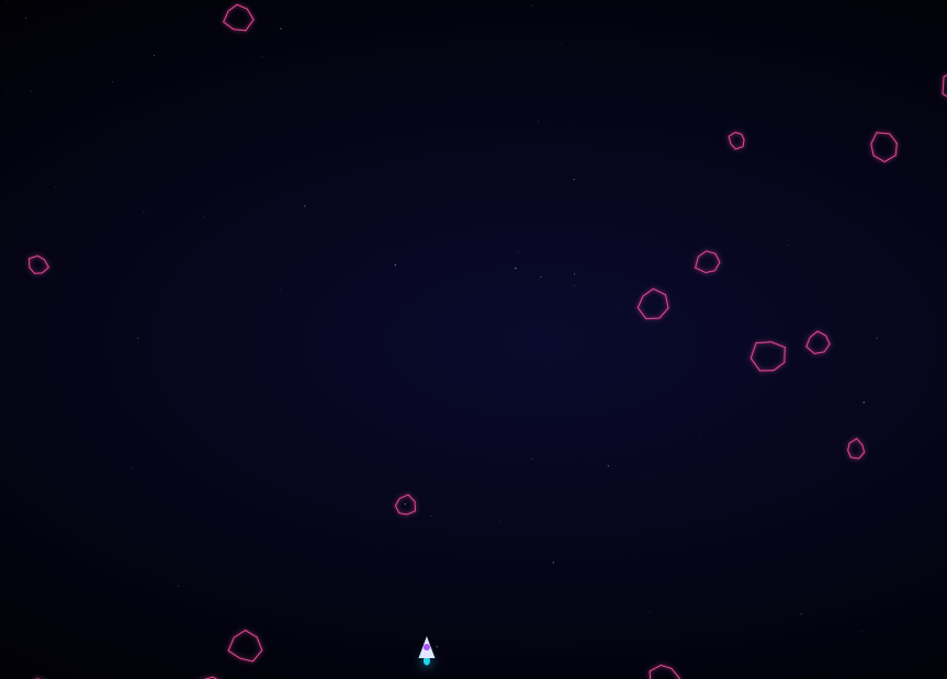 Neon Asteroid Dodge gameplay — a spaceship dodging glowing pink asteroids in deep space