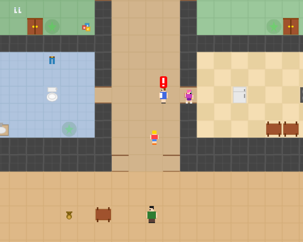 Taidy Up gameplay — a top-down pixel game set inside a house with characters tidying up rooms