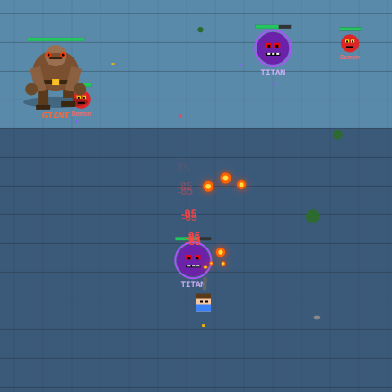 Screenshot of The Monster Slayer — a top-down pixel arena with monsters labeled GIANT and TITAN